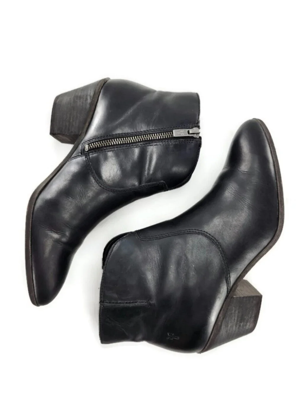 Frye Jennifer Black Leather Almond-Toe Pull-On Side-Zip Block Heel Ankle Booties
